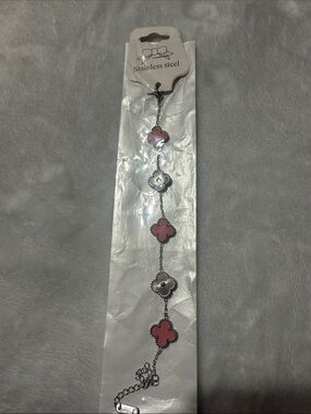 Stainless Steel Silver Tone Pink Clover Link Bracelet